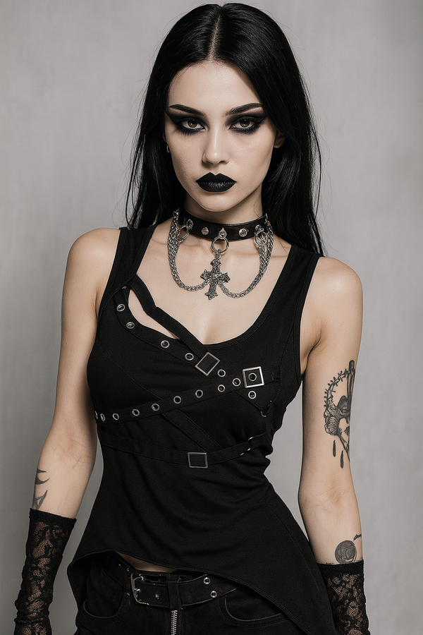 Sourpuss Clothing Gothic Asymmetrical Grommet Top For Alternative Fashion