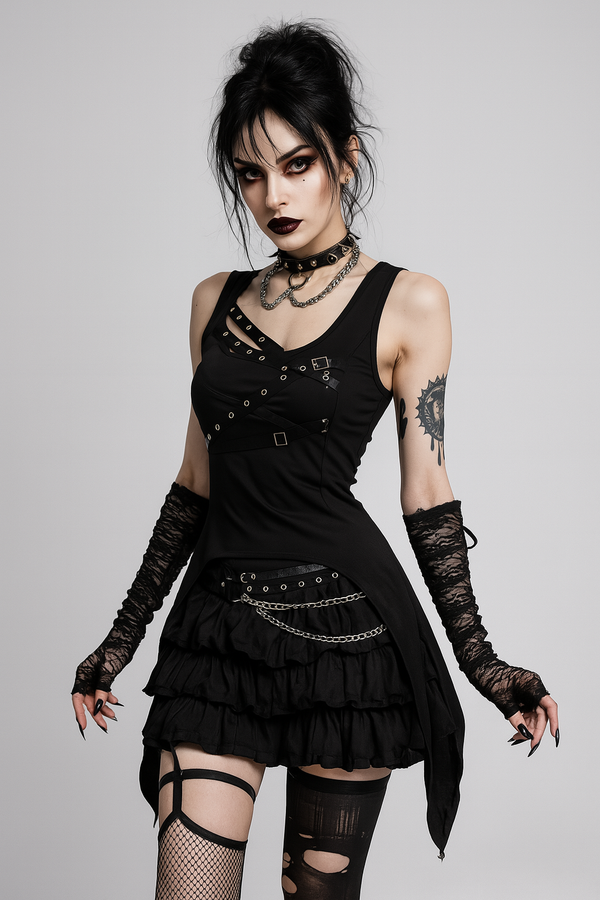 sourpuss clothing Gothic Asymmetrical Grommet Top for Alternative Fashion
