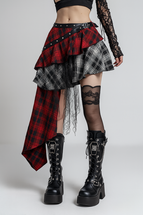 Sourpuss Clothing Gothic Asymmetrical Plaid Bodycon Skirt