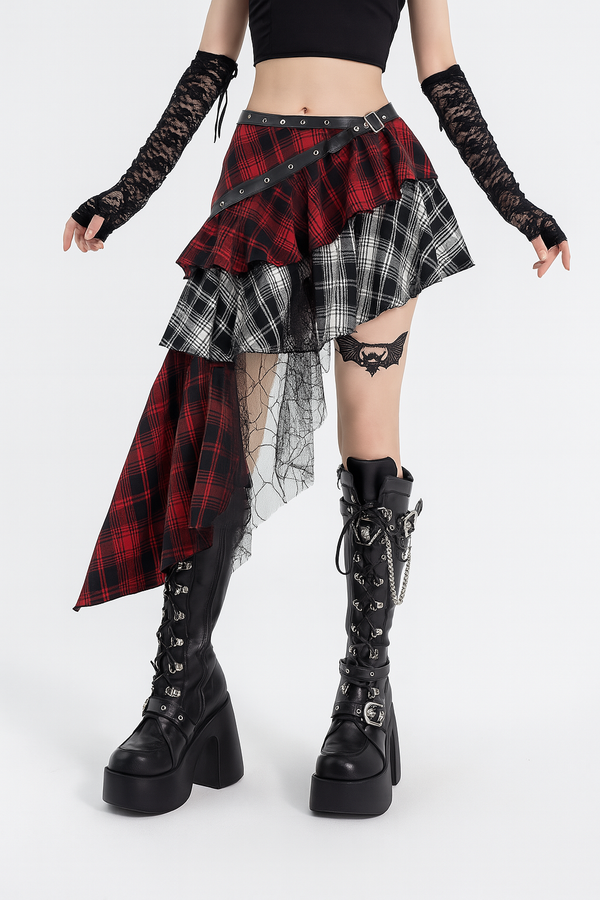 Sourpuss Clothing Gothic Asymmetrical Plaid Bodycon Skirt