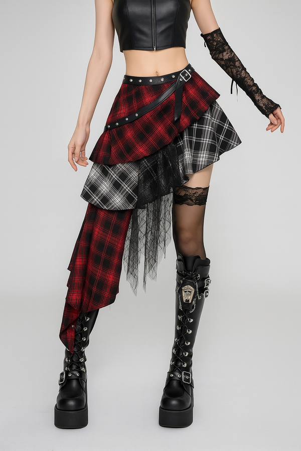 sourpuss clothing Gothic Asymmetrical Plaid Bodycon Skirt