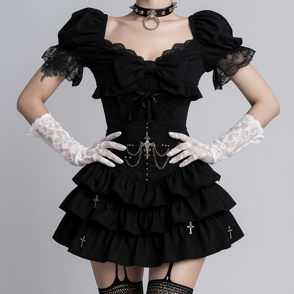 Sourpuss Clothing Gothic Black Pleated Mini Skirt With Dark Cross Accent
