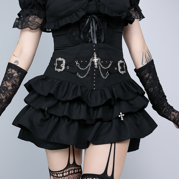 sourpuss clothing Gothic Black Pleated Mini Skirt with Dark Cross Accent