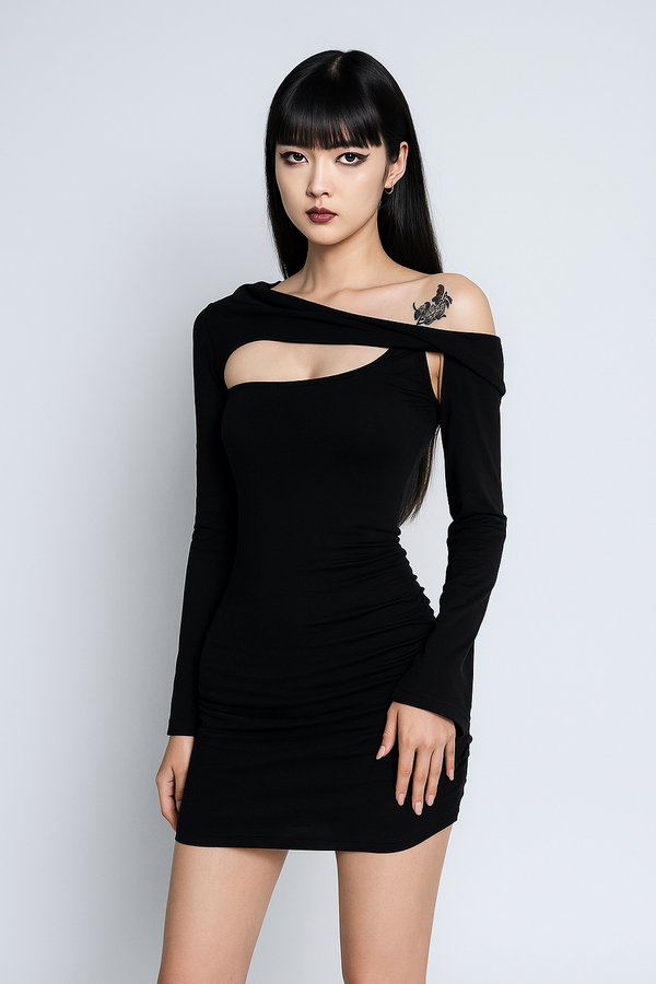 Sourpuss Clothing Gothic Cat-Ear Mini Dress Set With Slanted Neckline