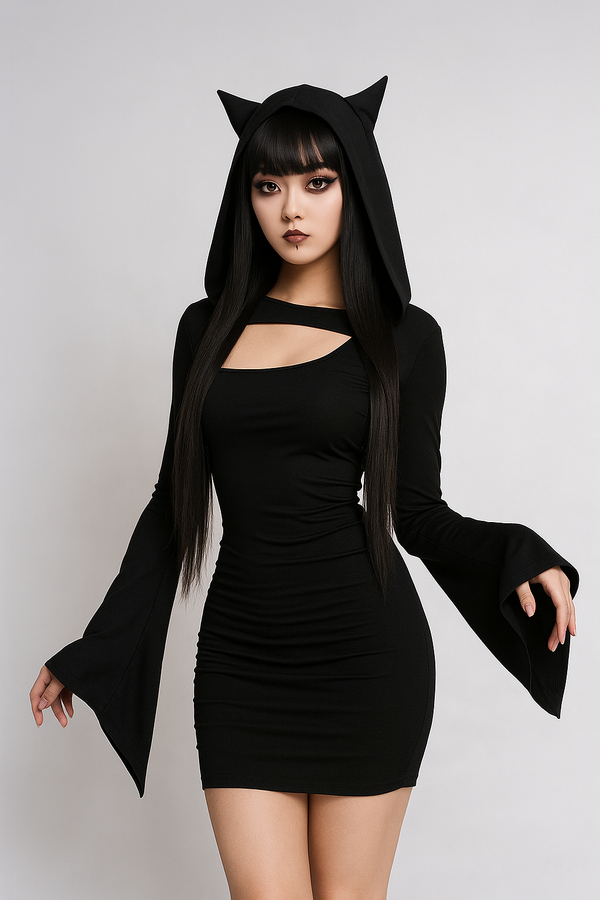 sourpuss clothing Gothic Cat-Ear Mini Dress Set with Slanted Neckline