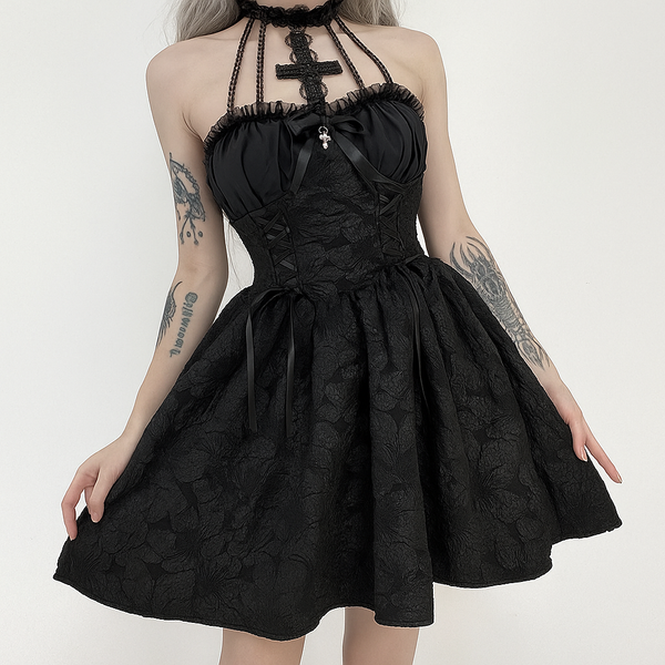 Sourpuss Clothing Gothic Cross Halter Mini Dress With Ruched Backless Puff Skirt