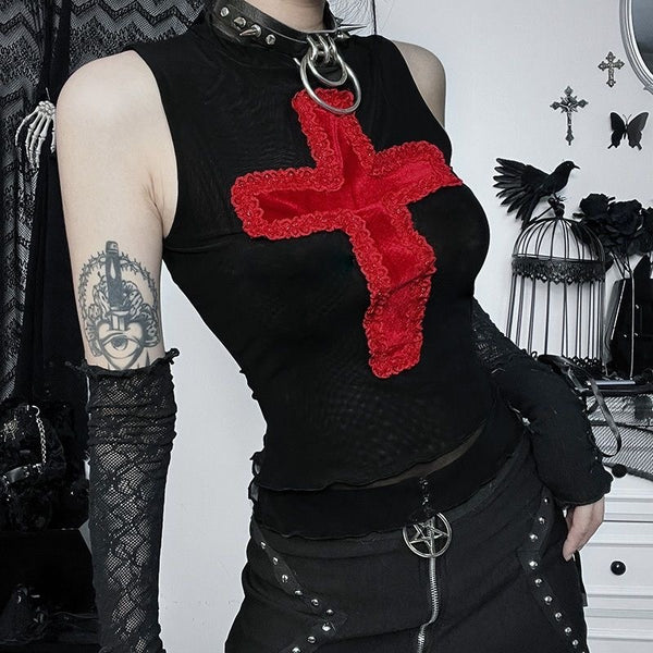 Sourpuss Clothing Gothic Cross Lace Tank Top For Alternative Fashion