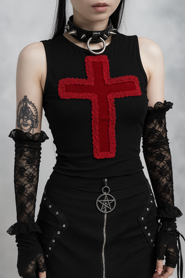 sourpuss clothing Gothic Cross Lace Tank Top for Alternative Fashion