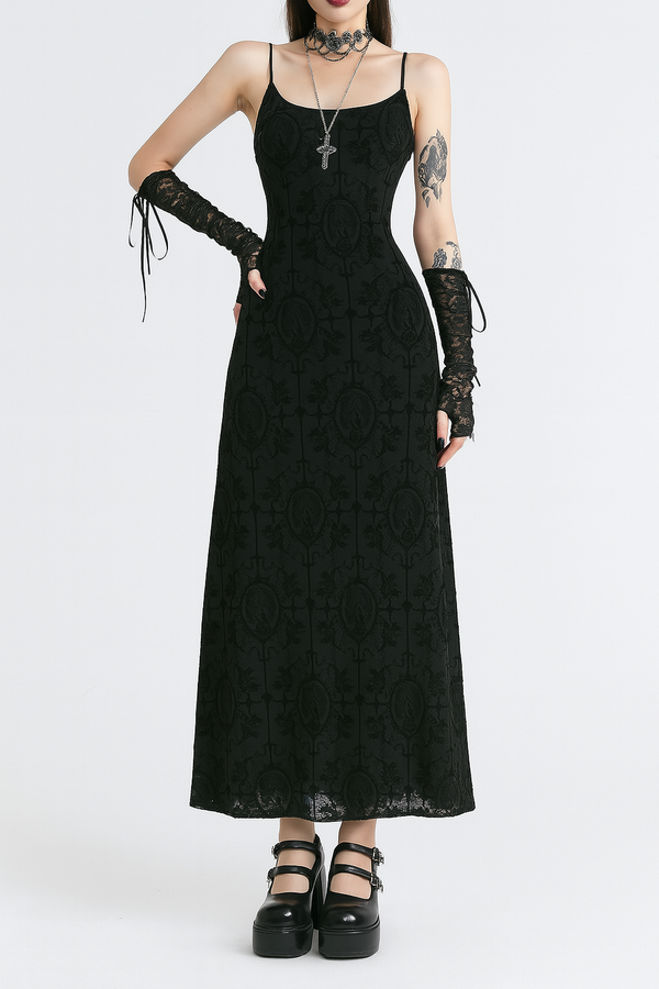 Sourpuss Clothing Gothic Crossback Bodycon Dress With Floral Pattern And Spaghetti Straps