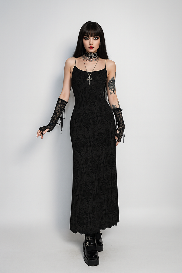 Sourpuss Clothing Gothic Crossback Bodycon Dress With Floral Pattern And Spaghetti Straps
