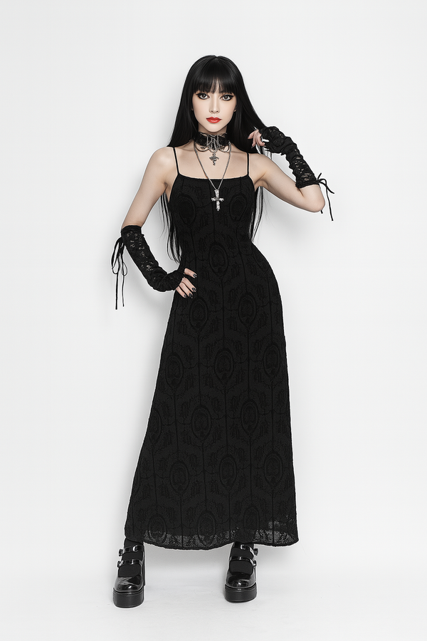 sourpuss clothing Gothic Crossback Bodycon Dress with Floral Pattern and Spaghetti Straps