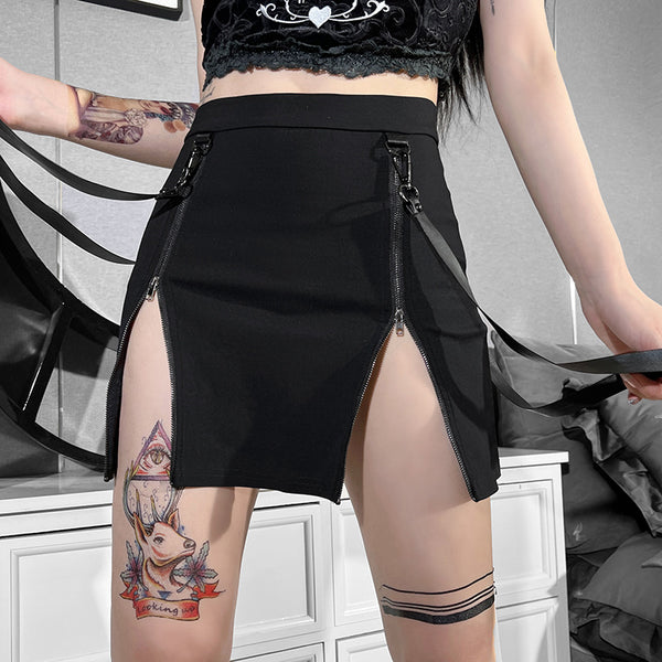 Sourpuss Clothing Gothic Dual Zipper Slit Skirt For Dark Romance Fashion