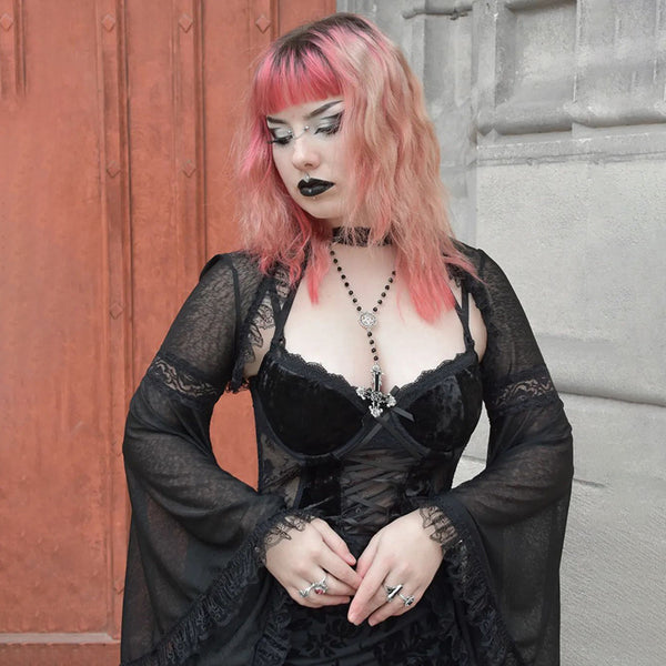 Sourpuss Clothing Gothic Lace Bell Sleeve Overlay Top