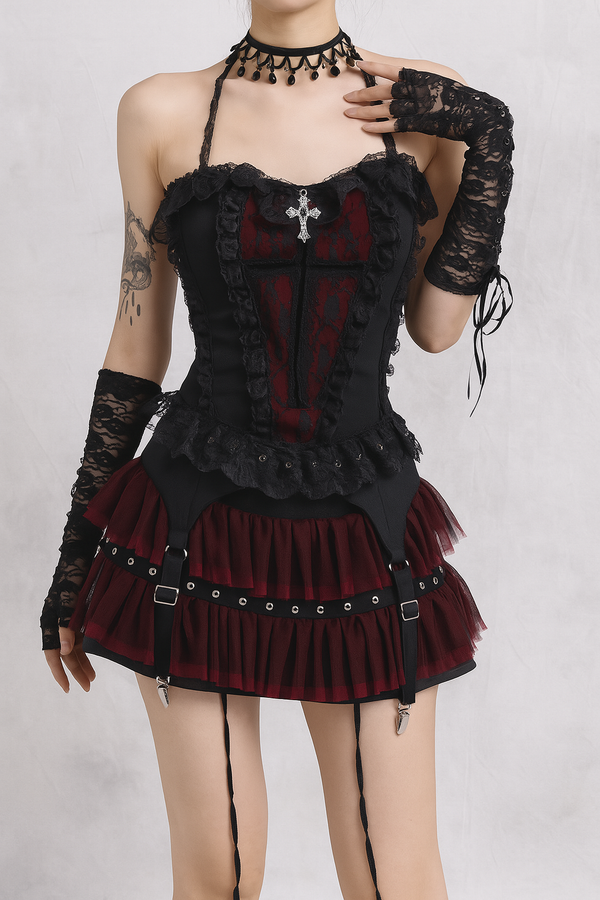 Sourpuss Clothing Gothic Lace Chain Halter Top For Alternative Fashion