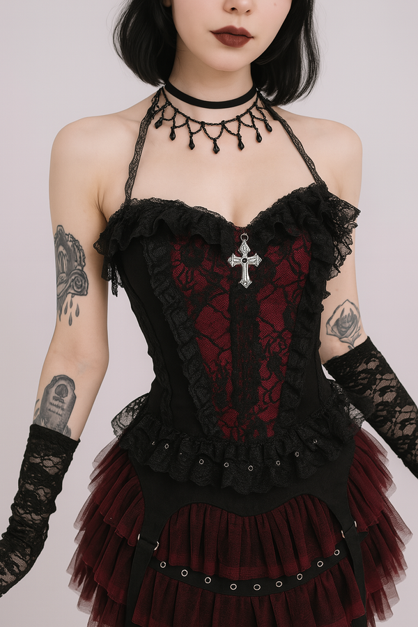 Sourpuss Clothing Gothic Lace Chain Halter Top For Alternative Fashion