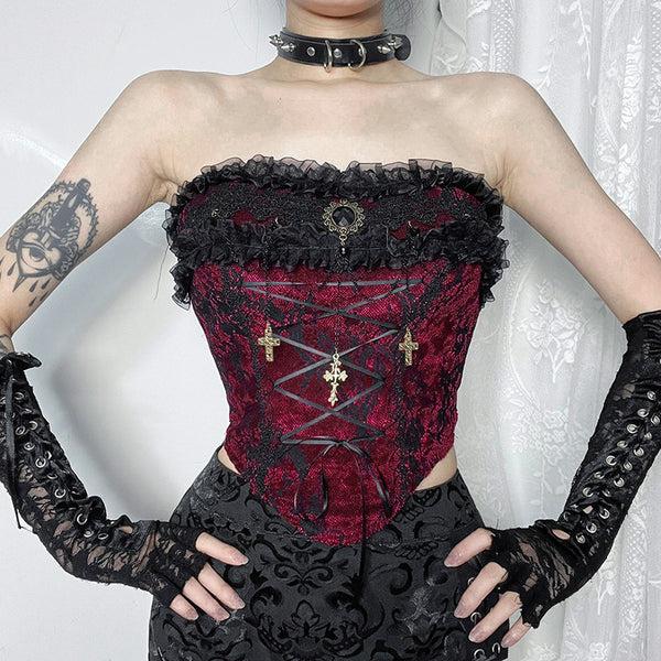 Sourpuss Clothing Gothic Lace Corset Top With Bell Sleeves