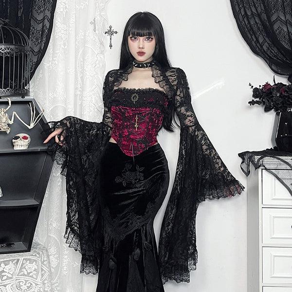 Sourpuss Clothing Gothic Lace Corset Top With Bell Sleeves