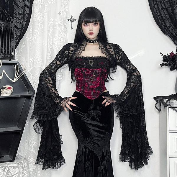 Sourpuss Clothing Gothic Lace Corset Top With Bell Sleeves