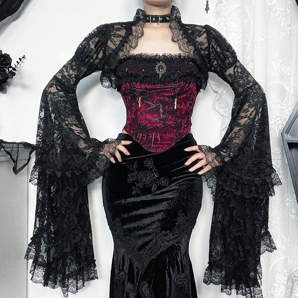 sourpuss clothing Gothic Lace Corset Top with Bell Sleeves