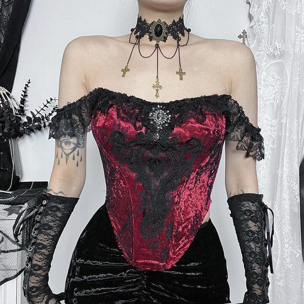 Sourpuss Clothing Gothic Lace Corset Top With Off-Shoulder Design In Deep Red And Rich Purple