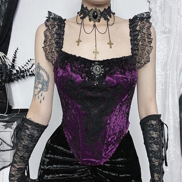 Sourpuss Clothing Gothic Lace Corset Top With Off-Shoulder Design In Deep Red And Rich Purple