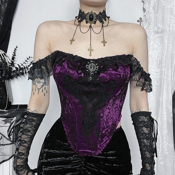 Sourpuss Clothing Gothic Lace Corset Top With Off-Shoulder Design In Deep Red And Rich Purple