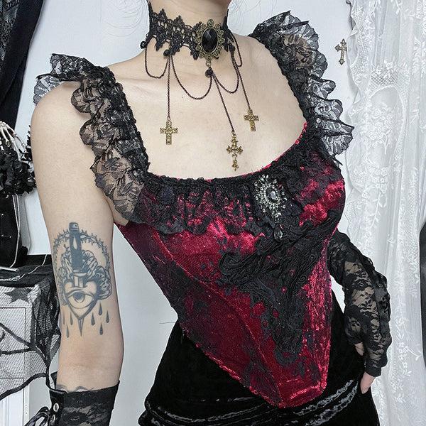 sourpuss clothing Gothic Lace Corset Top with Off-Shoulder Design in Deep Red and Rich Purple