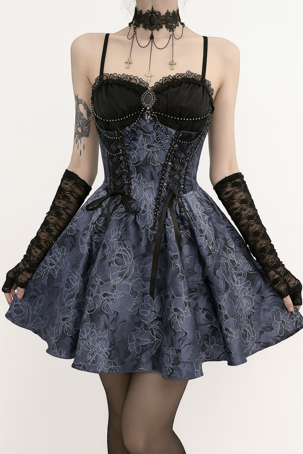 Sourpuss Clothing Gothic Lace Dress With Floral Jacquard And Lace Overlay