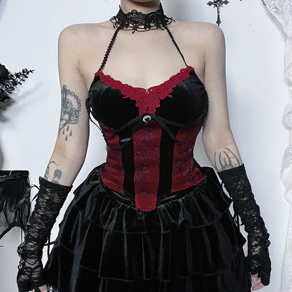 Sourpuss Clothing Gothic Lace Halter Crop Top In Red And Black