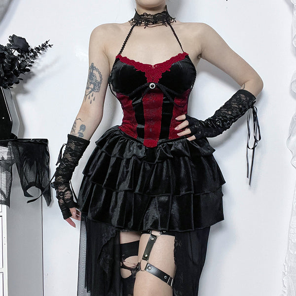 Sourpuss Clothing Gothic Lace Halter Crop Top In Red And Black