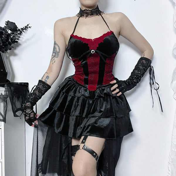 sourpuss clothing Gothic Lace Halter Crop Top in Red and Black