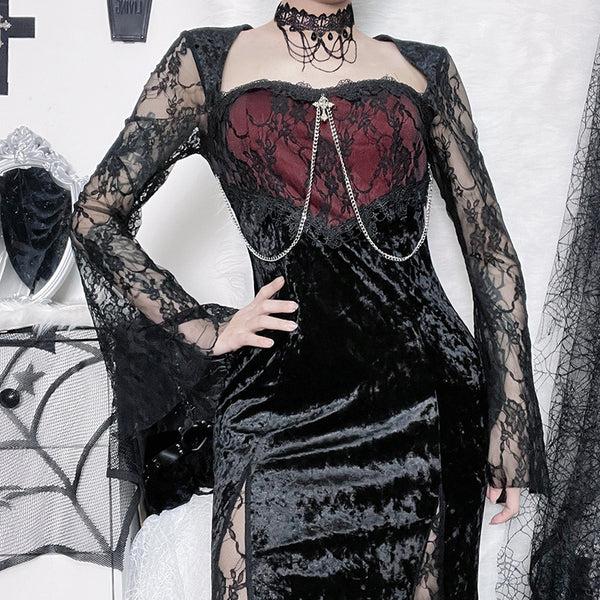 Sourpuss Clothing Gothic Lace Velvet Dress With High Slit And Bell Sleeves