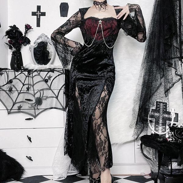 Sourpuss Clothing Gothic Lace Velvet Dress With High Slit And Bell Sleeves