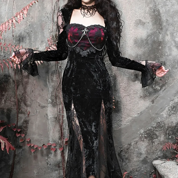 Sourpuss Clothing Gothic Lace Velvet Dress With High Slit And Bell Sleeves