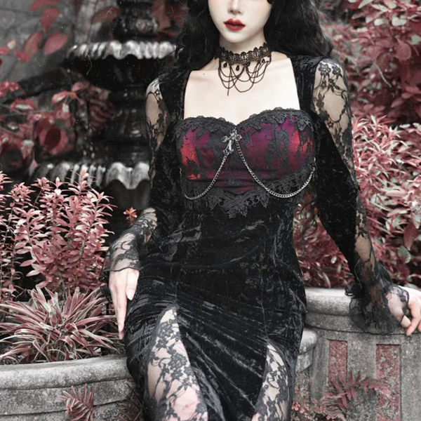 sourpuss clothing Gothic Lace Velvet Dress with High Slit and Bell Sleeves
