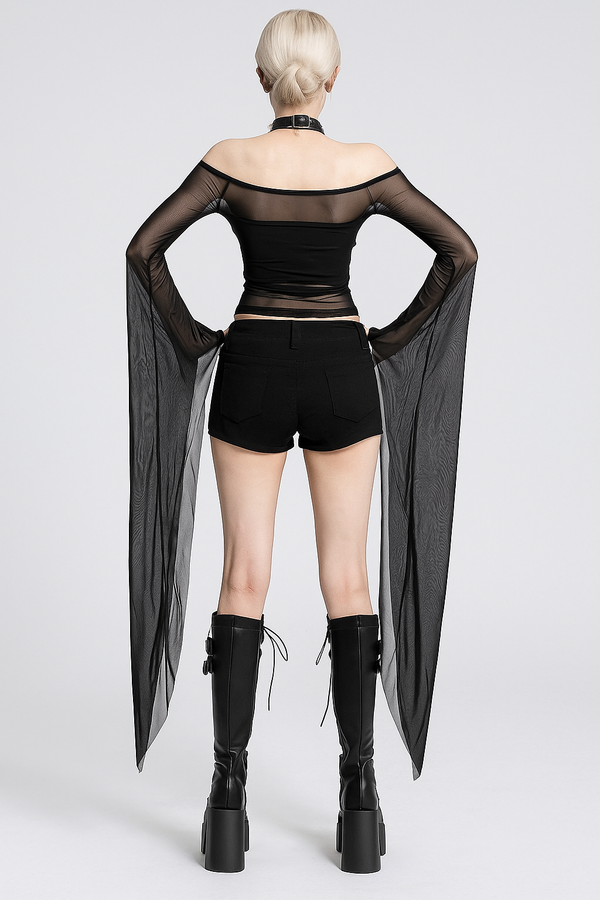 Sourpuss Clothing Gothic Off-Shoulder Mesh Top With Rhinestone Cross And Bell Sleeves