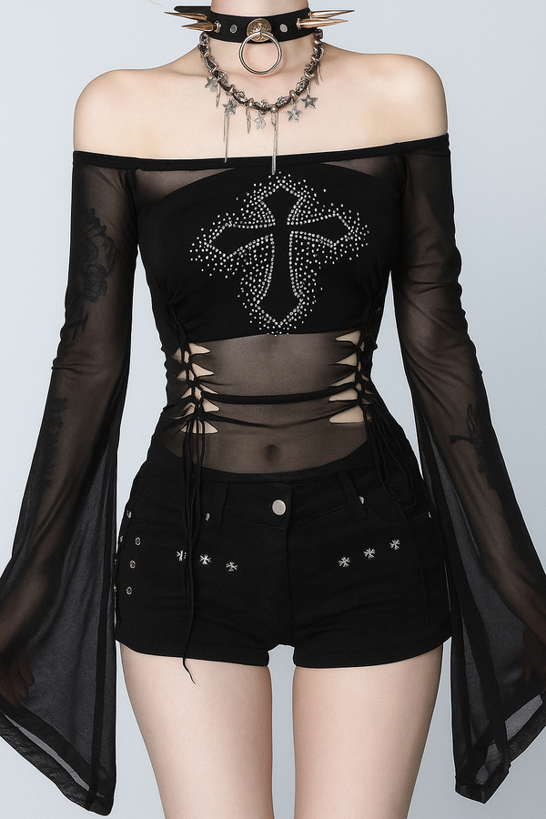 sourpuss clothing Gothic Off-Shoulder Mesh Top with Rhinestone Cross and Bell Sleeves