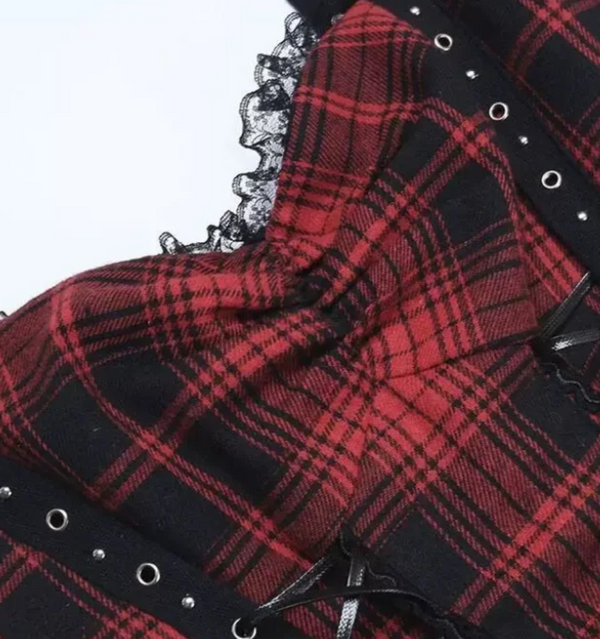 Sourpuss Clothing Gothic Plaid Mini Dress With Lace Trim And Adjustable Straps