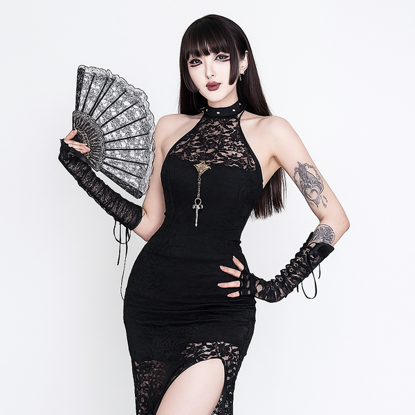 Sourpuss Clothing Gothic Sheer Lace Halter Maxi Dress With High Slit