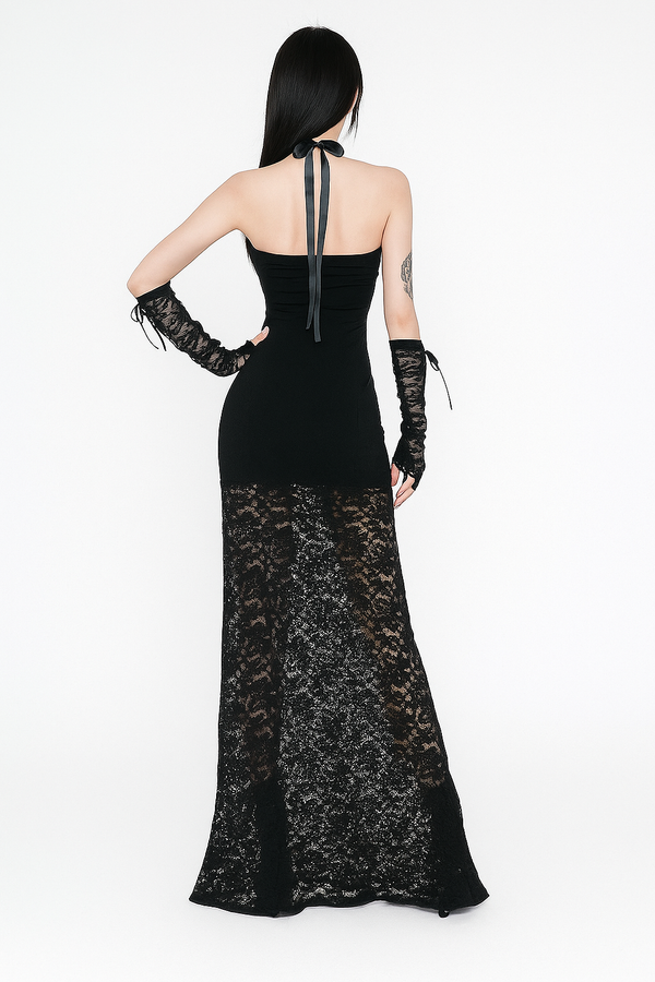Sourpuss Clothing Gothic Sheer Lace Halter Maxi Dress With High Slit