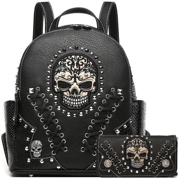 Sourpuss Clothing Gothic Skull Women Backpack With Matching Wallet Set