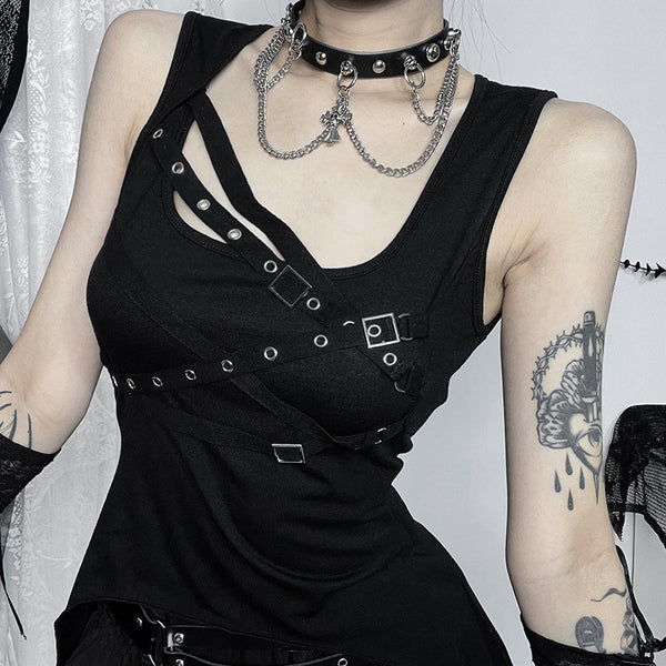 Sourpuss Clothing Gothic Streetwear Grommet Vest With Asymmetrical Hem