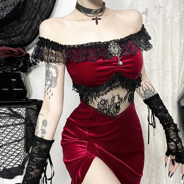 Sourpuss Clothing Gothic Velvet Off-Shoulder Dress With Lace Accents