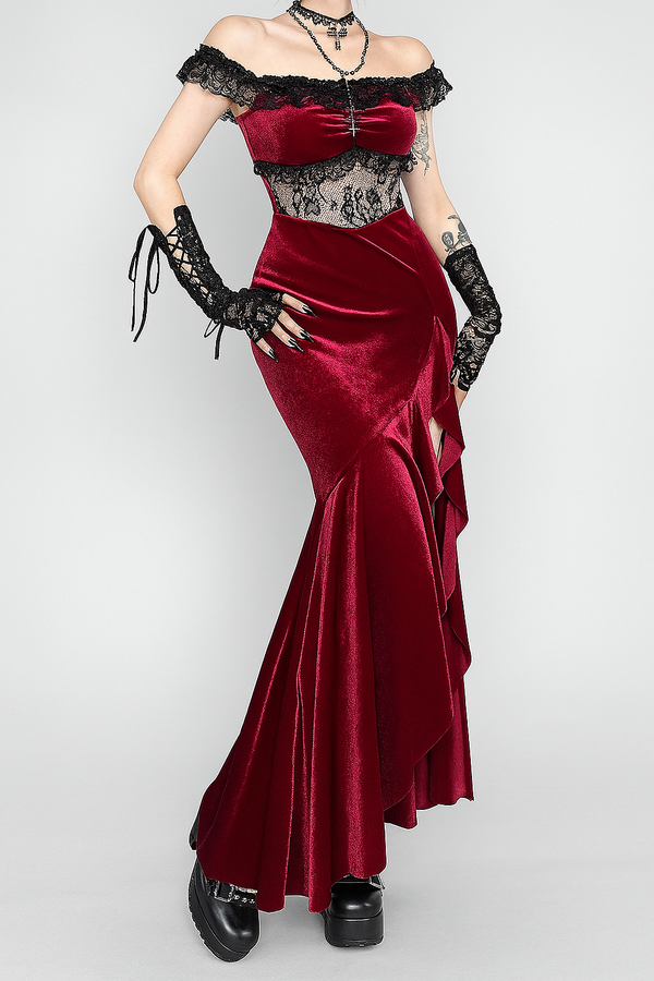 Sourpuss Clothing Gothic Velvet Off-Shoulder Dress With Lace Accents