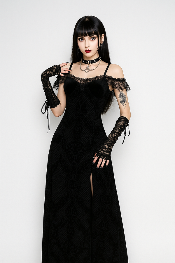 Sourpuss Clothing Gothic Velvet Off-Shoulder Slit Maxi Dress For Dark Elegance