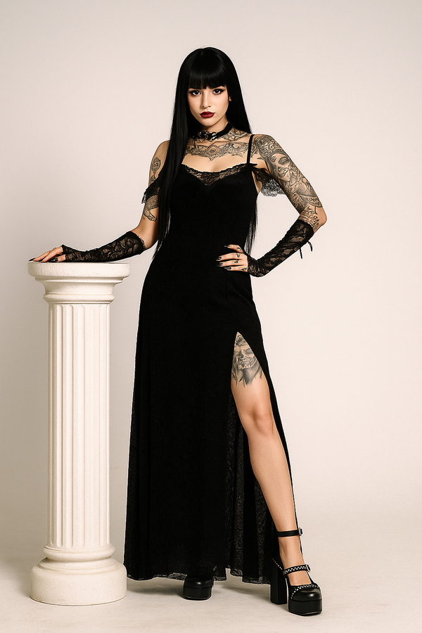 Sourpuss Clothing Gothic Velvet Off-Shoulder Slit Maxi Dress For Dark Elegance