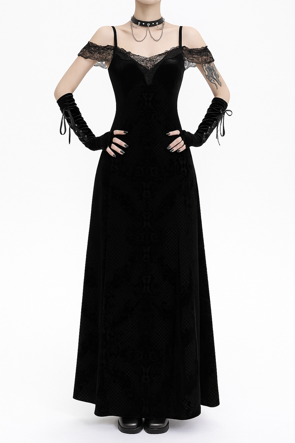 Sourpuss Clothing Gothic Velvet Off-Shoulder Slit Maxi Dress For Dark Elegance