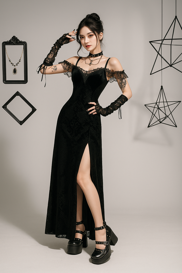 sourpuss clothing Gothic Velvet Off-Shoulder Slit Maxi Dress for Dark Elegance