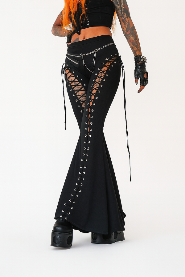 sourpuss clothing Grommet Lace-Up Flared Pants for Edgy Gothic Style