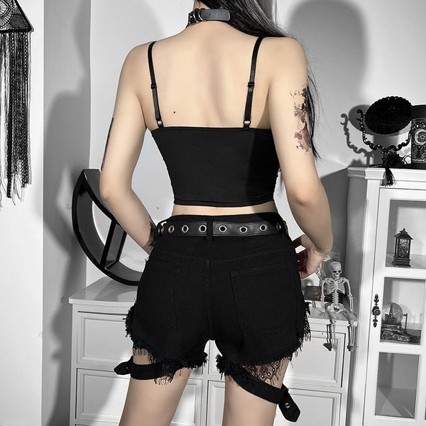 Sourpuss Clothing Lace Backless Gothic Crop Top With Adjustable Straps